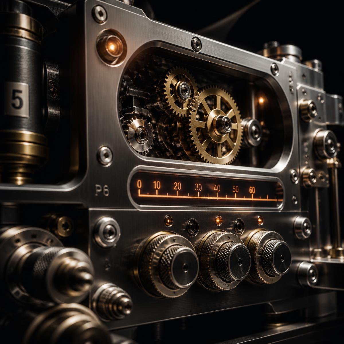 Precision machinery with brass gears and glowing status indicators
